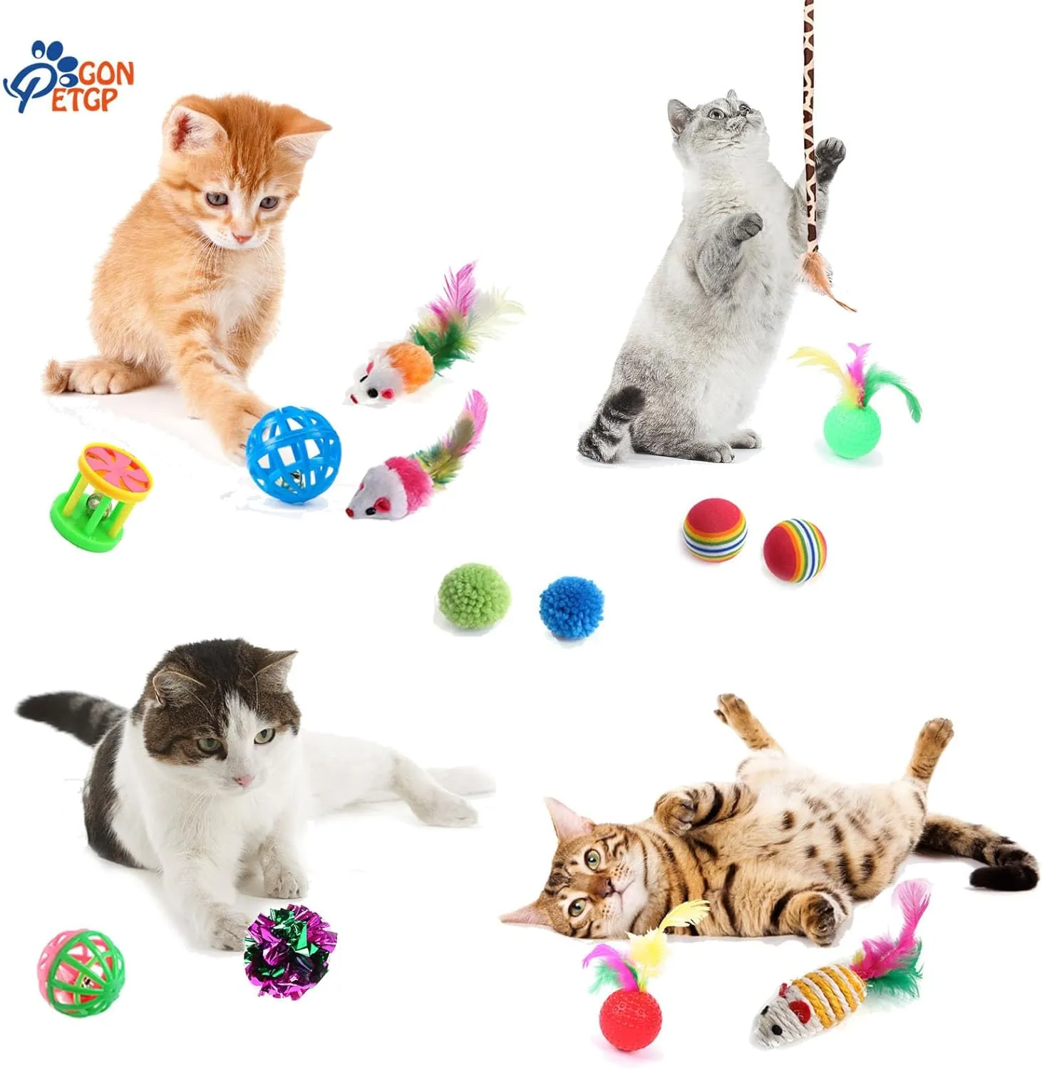 Cat Toys - Collapsible Pet Tunnel Cube Tent Set, Interactive Feather Teaser Wand, Cat Bell Balls & Fuzzy Mouse Toys for Indoor Kittens (Rainbow)