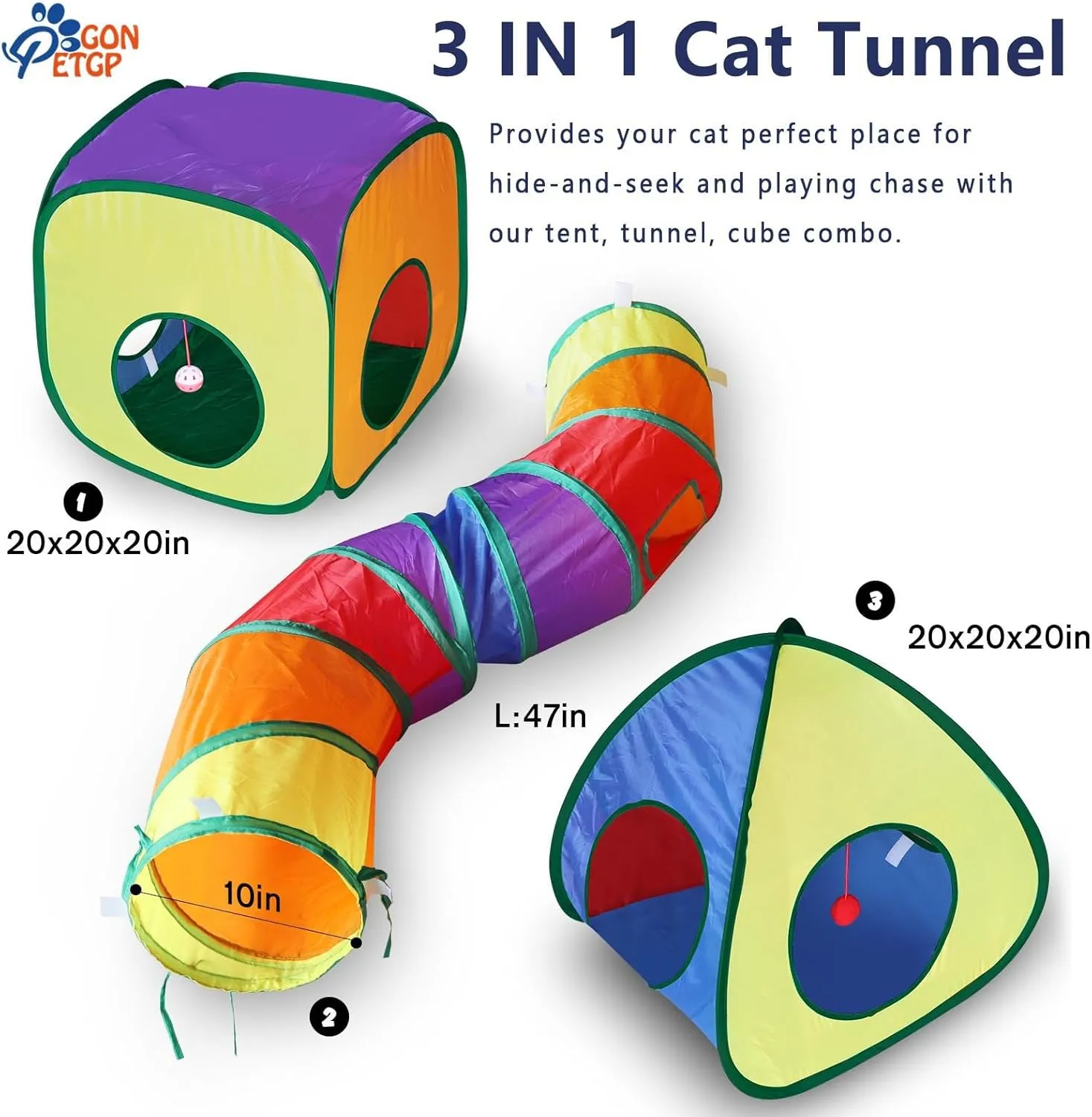 Cat Toys - Collapsible Pet Tunnel Cube Tent Set, Interactive Feather Teaser Wand, Cat Bell Balls & Fuzzy Mouse Toys for Indoor Kittens (Rainbow)