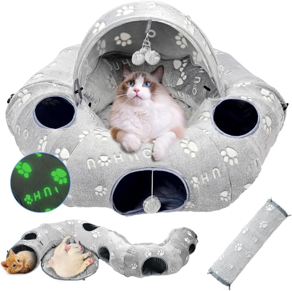 Cat Tunnel Bed, Cat Tunnels for Indoor Cats, Cat Donut Tunnel Toy with Washable Circle Cushion, Straight Shaped Tunnel, 4 Fluffy Balls, Blackout Tent, Self-Luminous Cat ToysGrey