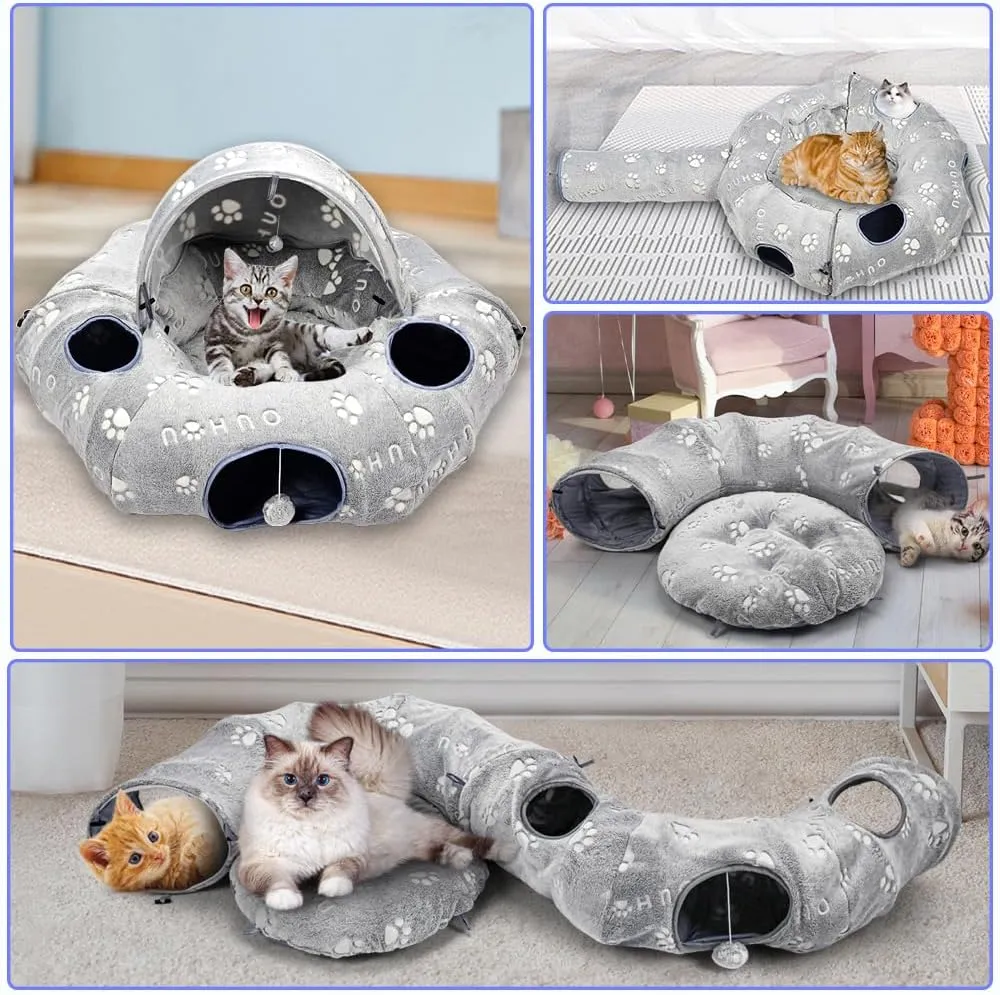 Cat Tunnel Bed, Cat Tunnels for Indoor Cats, Cat Donut Tunnel Toy with Washable Circle Cushion, Straight Shaped Tunnel, 4 Fluffy Balls, Blackout Tent, Self-Luminous Cat ToysGrey