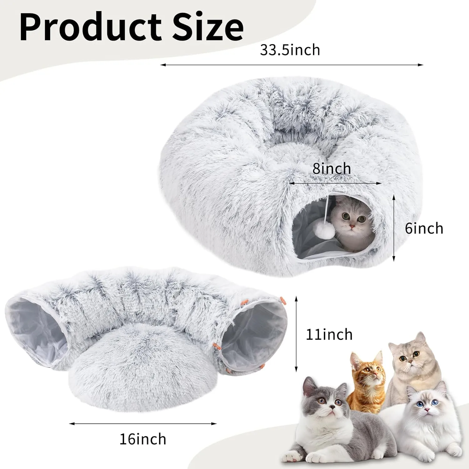 Cat Tunnel Bed with Washable Cushion, Cat Tunnels for Indoor Cats, Collapsible Cat Donut Tunnel for Medium & Large Cat, Peekaboo Cave Toy, Gray