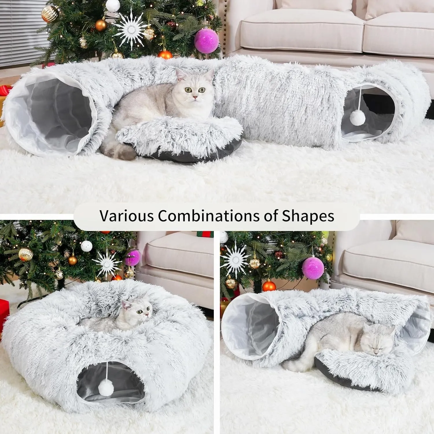 Cat Tunnel Bed with Washable Cushion, Cat Tunnels for Indoor Cats, Collapsible Cat Donut Tunnel for Medium & Large Cat, Peekaboo Cave Toy, Gray