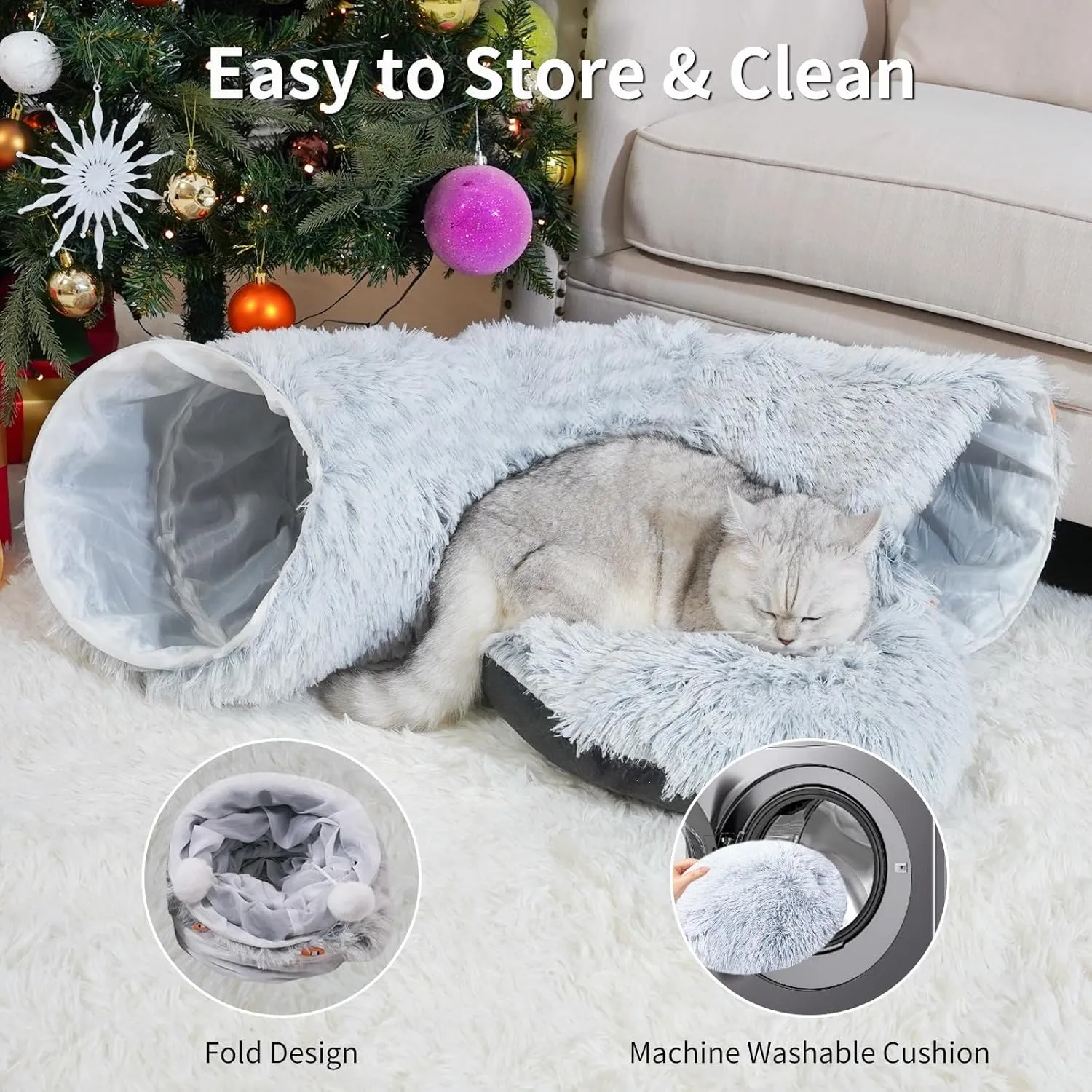 Cat Tunnel Bed with Washable Cushion, Cat Tunnels for Indoor Cats, Collapsible Cat Donut Tunnel for Medium & Large Cat, Peekaboo Cave Toy, Gray