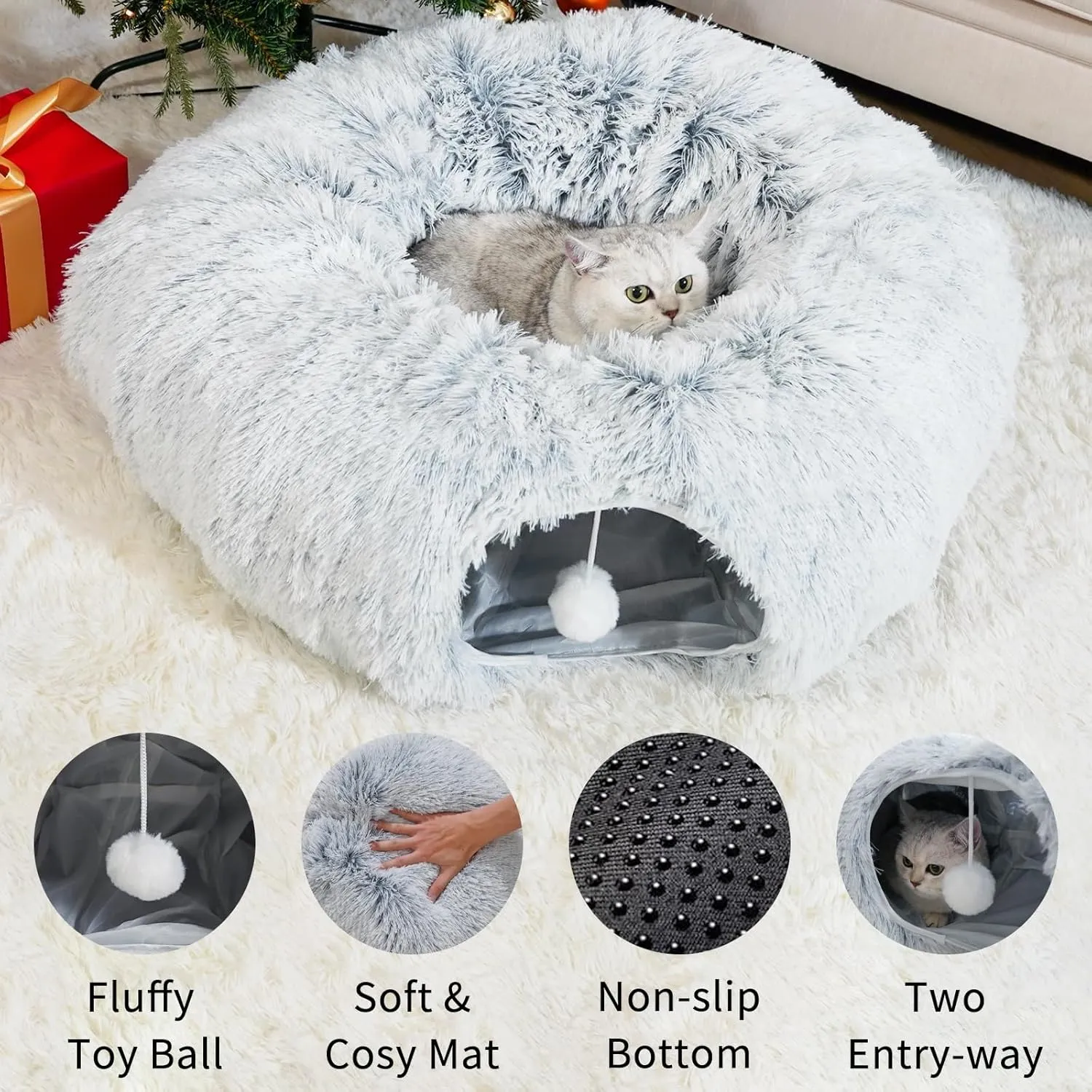 Cat Tunnel Bed with Washable Cushion, Cat Tunnels for Indoor Cats, Collapsible Cat Donut Tunnel for Medium & Large Cat, Peekaboo Cave Toy, Gray