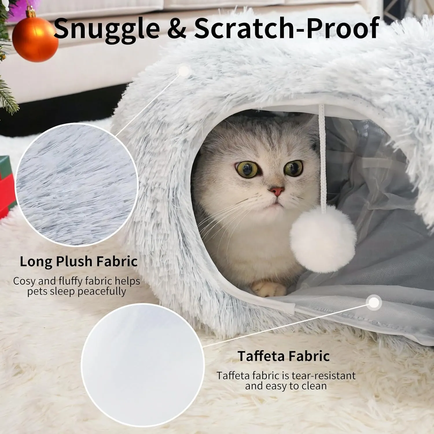 Cat Tunnel Bed with Washable Cushion, Cat Tunnels for Indoor Cats, Collapsible Cat Donut Tunnel for Medium & Large Cat, Peekaboo Cave Toy, Gray