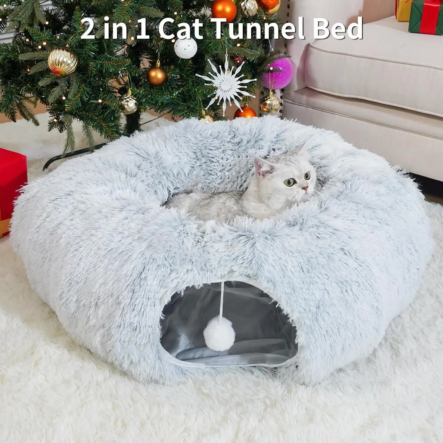 Cat Tunnel Bed with Washable Cushion, Cat Tunnels for Indoor Cats, Collapsible Cat Donut Tunnel for Medium & Large Cat, Peekaboo Cave Toy, Gray
