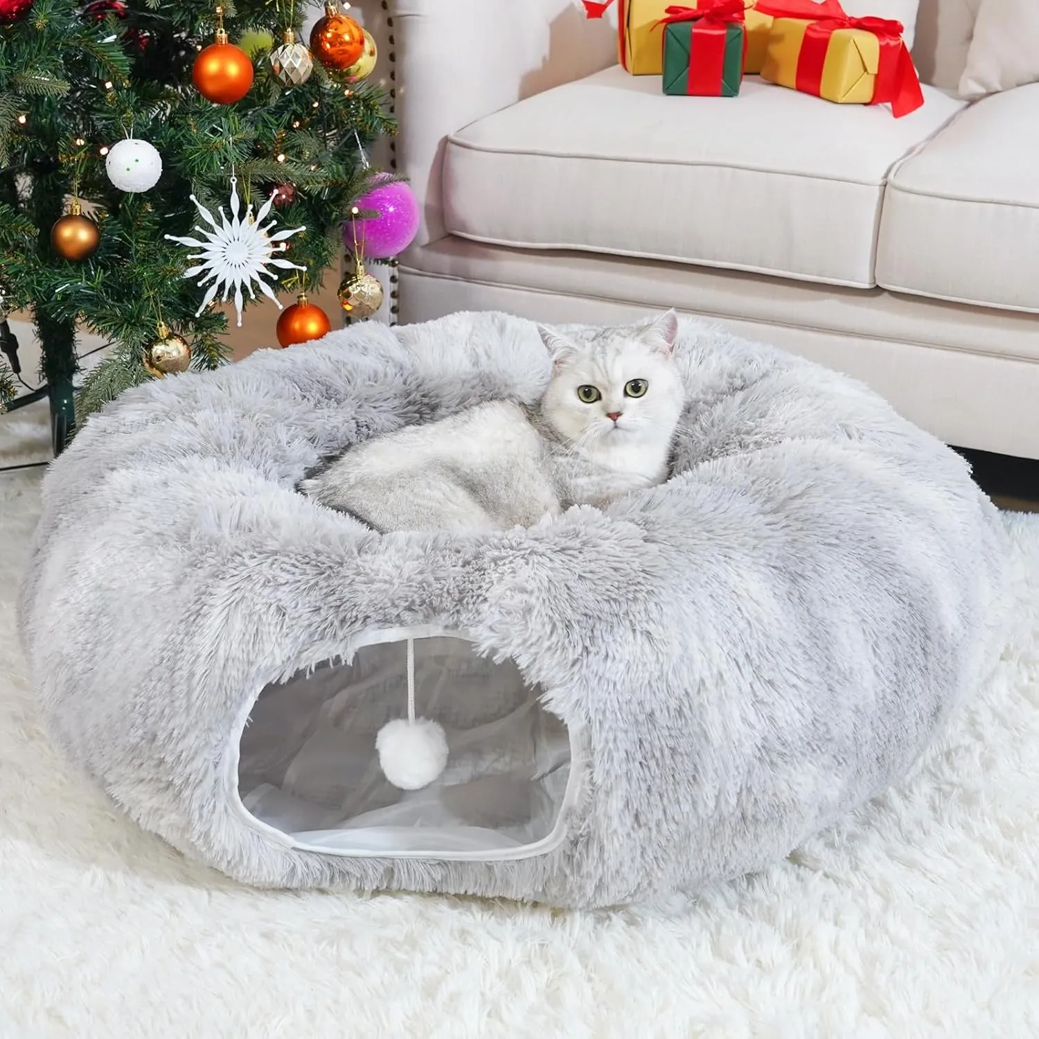 Cat Tunnel Bed with Washable Cushion, Cat Tunnels for Indoor Cats, Collapsible Donut Tunnel for Medium & Large Cat, Peekaboo Cave Toy, Tie-dye Gray