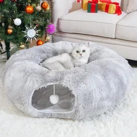 Cat Tunnel Bed with Washable Cushion, Cat Tunnels for Indoor Cats, Collapsible Donut Tunnel for Medium & Large Cat, Peekaboo Cave Toy, Tie-dye Gray