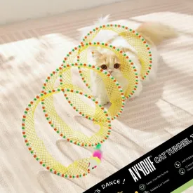 Cat Tunnel Spring Toy, Self Play Cat Toys Collapsible, Hunting Spiral Tunnel with FeatherMouse Toys for Indoor Cat, Kitty, Kitten, Rabbit, Puppy (Yellow)