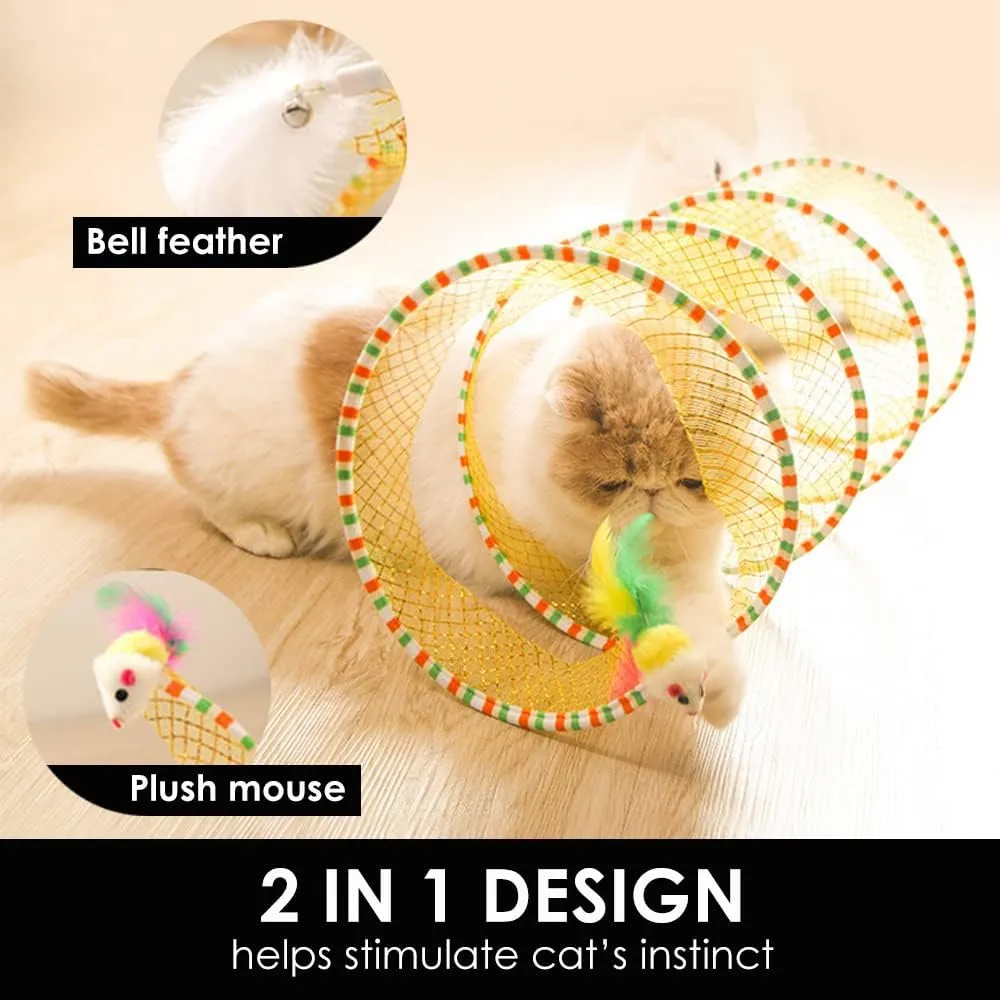 Cat Tunnel Spring Toy, Self Play Cat Toys Collapsible, Hunting Spiral Tunnel with FeatherMouse Toys for Indoor Cat, Kitty, Kitten, Rabbit, Puppy (Yellow)