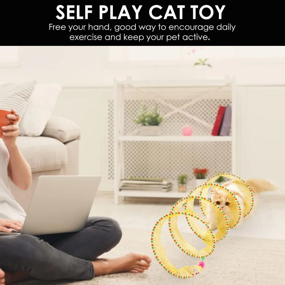 Cat Tunnel Spring Toy, Self Play Cat Toys Collapsible, Hunting Spiral Tunnel with FeatherMouse Toys for Indoor Cat, Kitty, Kitten, Rabbit, Puppy (Yellow)