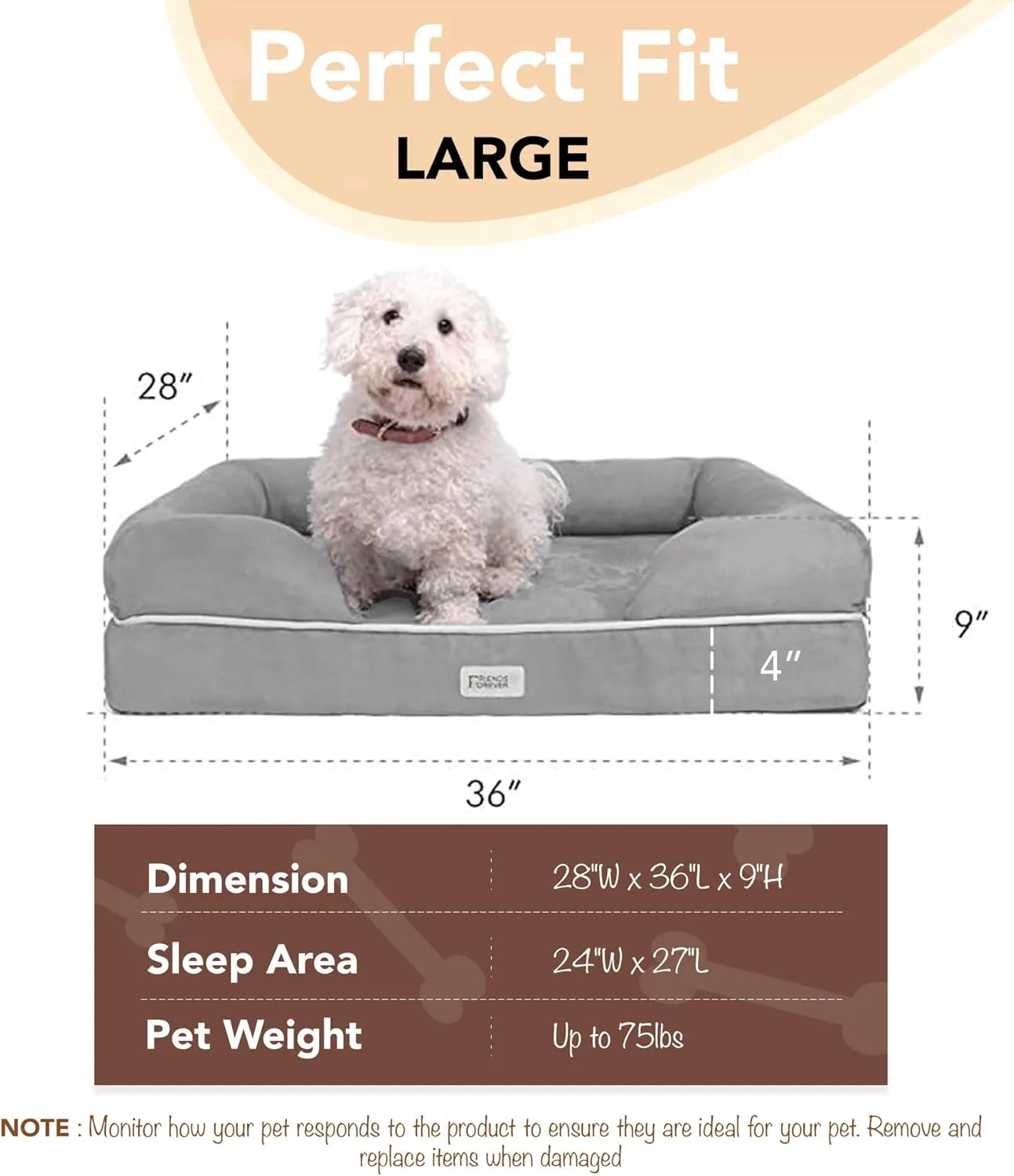 Chester Large Grey Dog Bed - Orthopedic Memory Foam Mattress, Calming Couch, Wall Rim Pillow, Water Resistant, Washable Cover, Non-Slip
