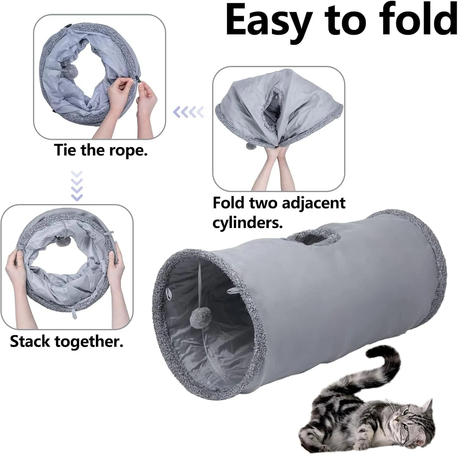 Collapsible Cat Tunnel with Play Ball - Durable Suede Indoor Play Tube for Cat, Puppy, Kitten, Rabbit (Small)