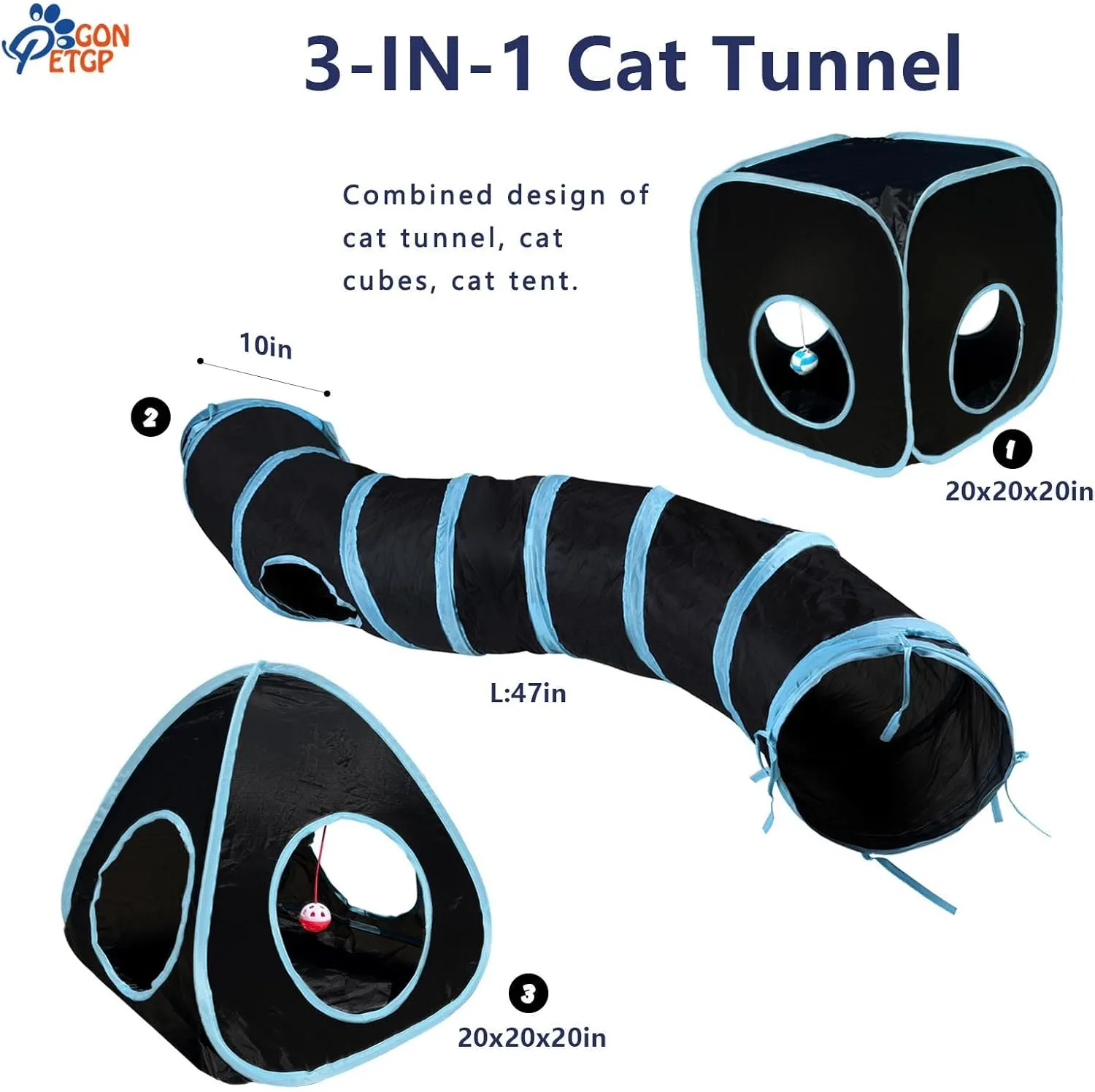 Collapsible Pet Tunnel Cube Tent Toys, Interactive Cat Feather Teaser Wand Cat Bell Balls Fuzzy Ball Springs Mouse Toys for Indoor Kittens (Black)