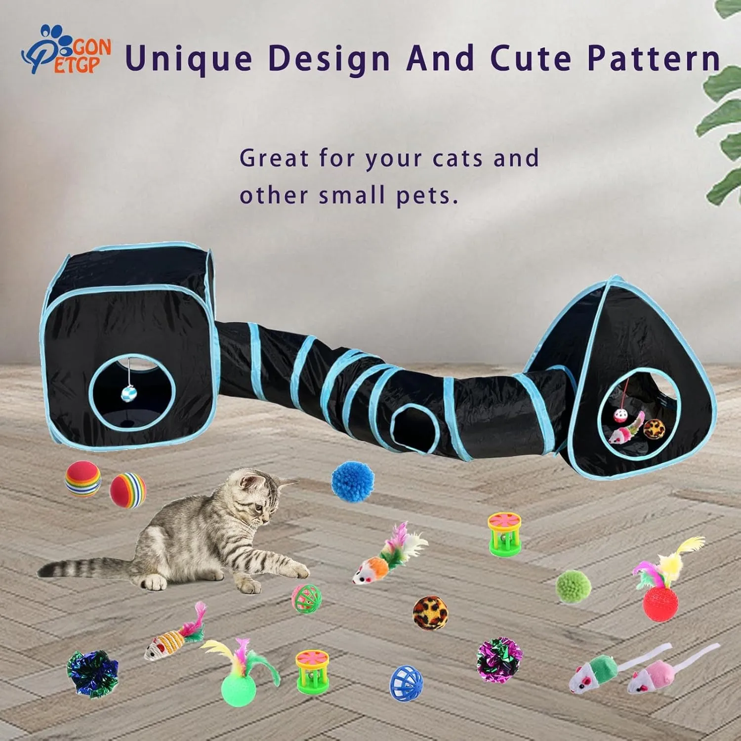 Collapsible Pet Tunnel Cube Tent Toys, Interactive Cat Feather Teaser Wand Cat Bell Balls Fuzzy Ball Springs Mouse Toys for Indoor Kittens (Black)