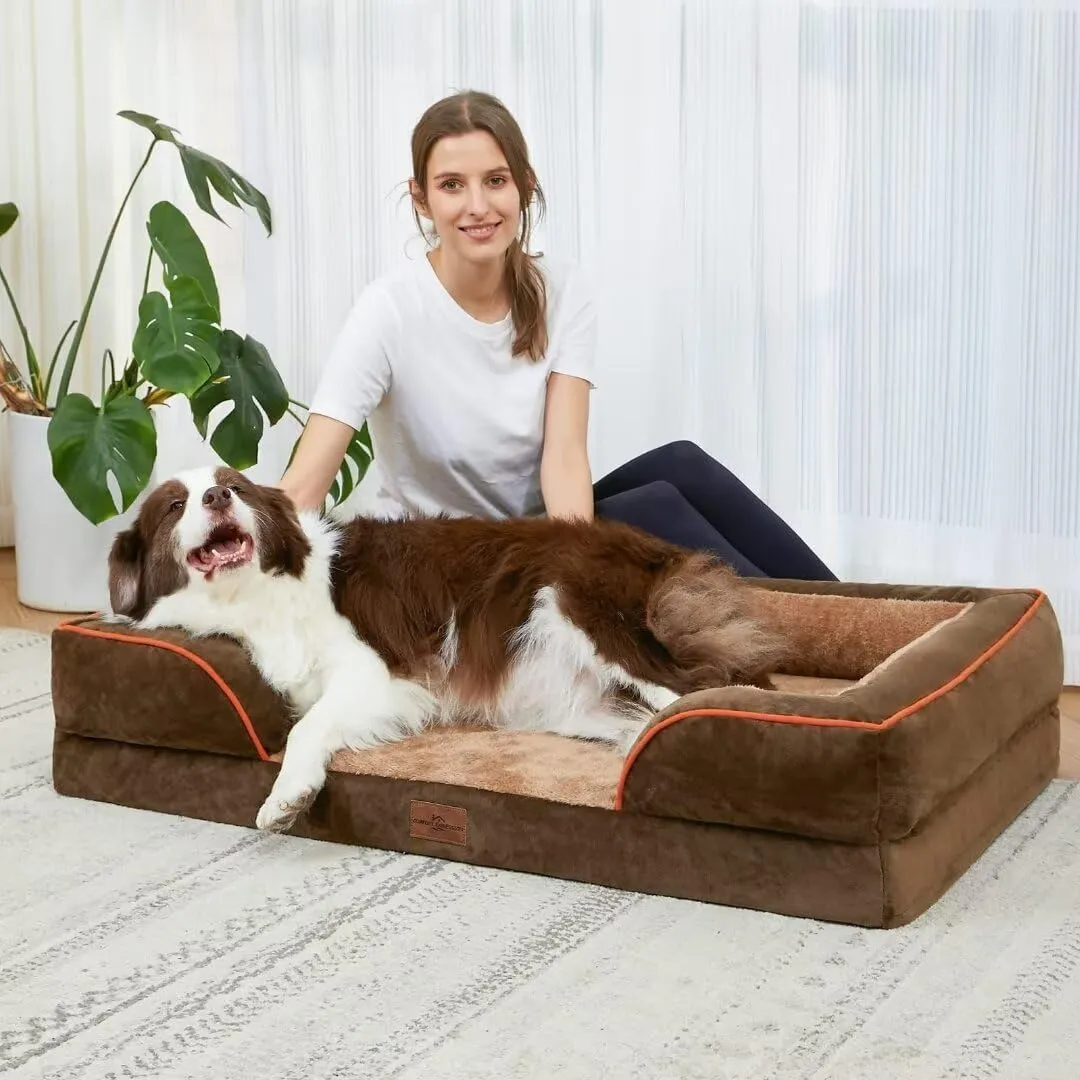 Comfort Expression Cooling Dog Beds Orthopedic, Waterproof Memory Foam Dog Bed for Large Dogs, Washable Dogs Beds with Removable Cover, Pet Sofa Couch with Bolster(Large,Khaki Brown)