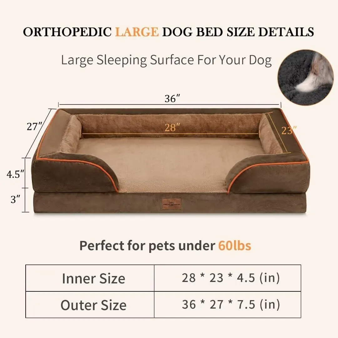 Comfort Expression Cooling Dog Beds Orthopedic, Waterproof Memory Foam Dog Bed for Large Dogs, Washable Dogs Beds with Removable Cover, Pet Sofa Couch with Bolster(Large,Khaki Brown)