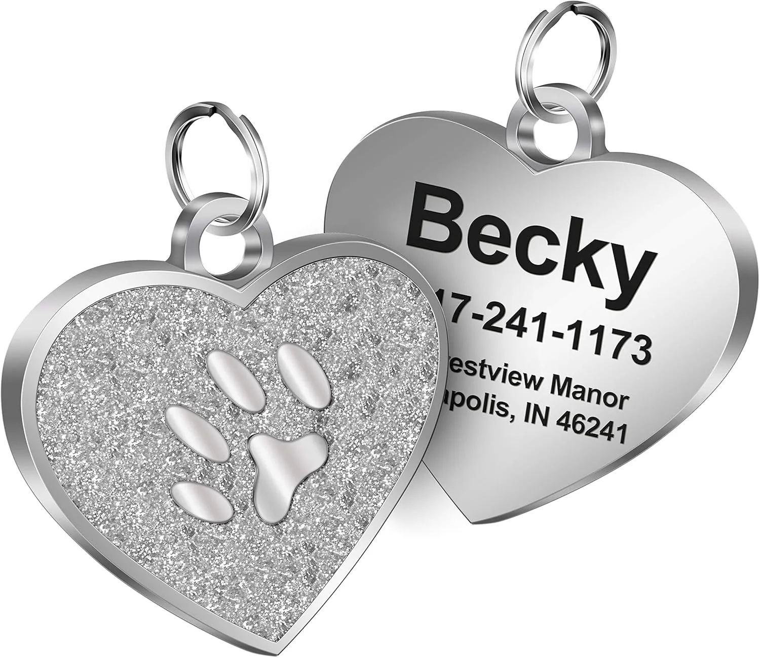 Custom Engraved Heart Shape Dog Tags & Cat Tags Laser Engraving on The Back Side,Easy to Read & Durable (Silvery)