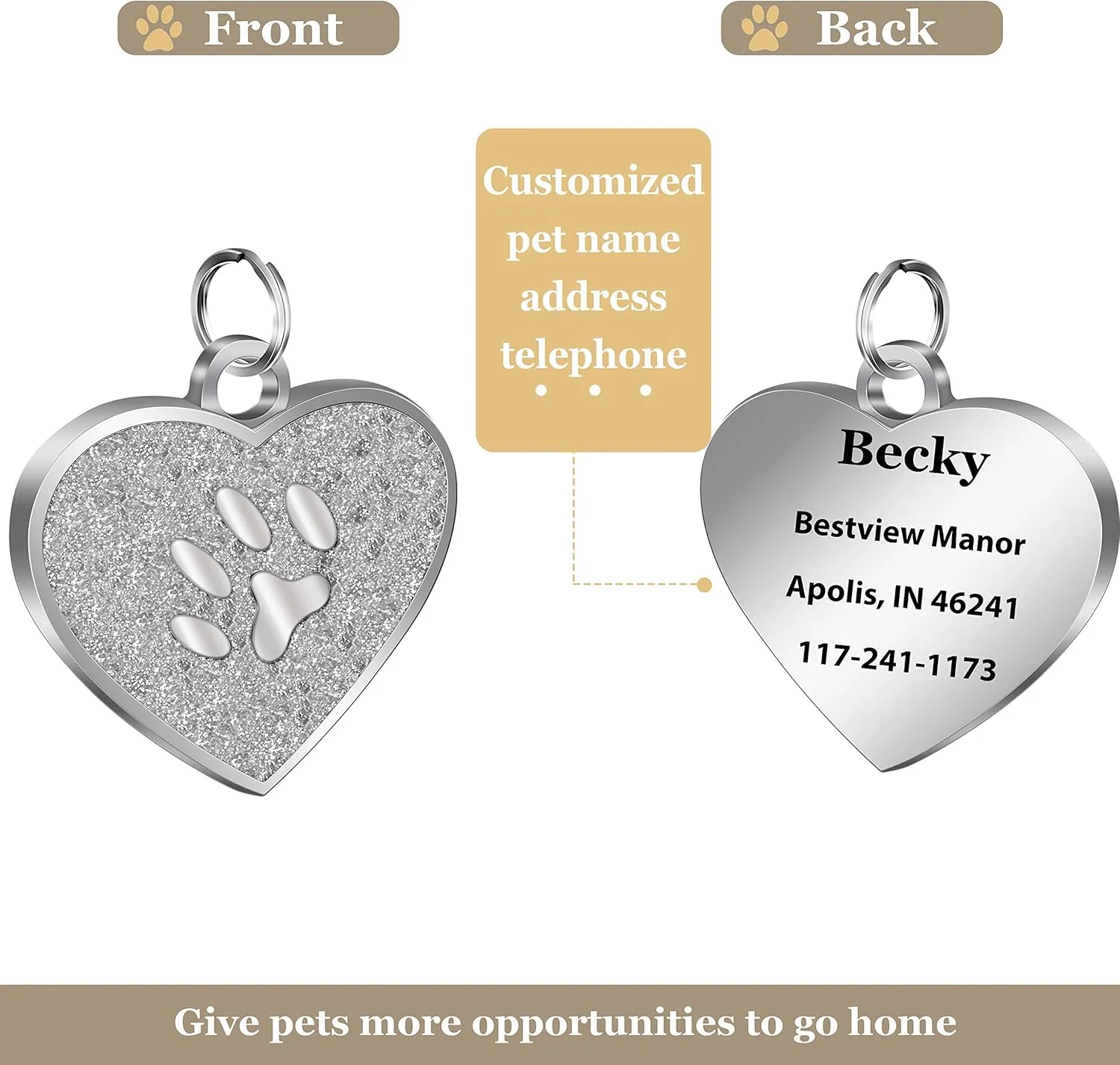 Custom Engraved Heart Shape Dog Tags & Cat Tags Laser Engraving on The Back Side,Easy to Read & Durable (Silvery)
