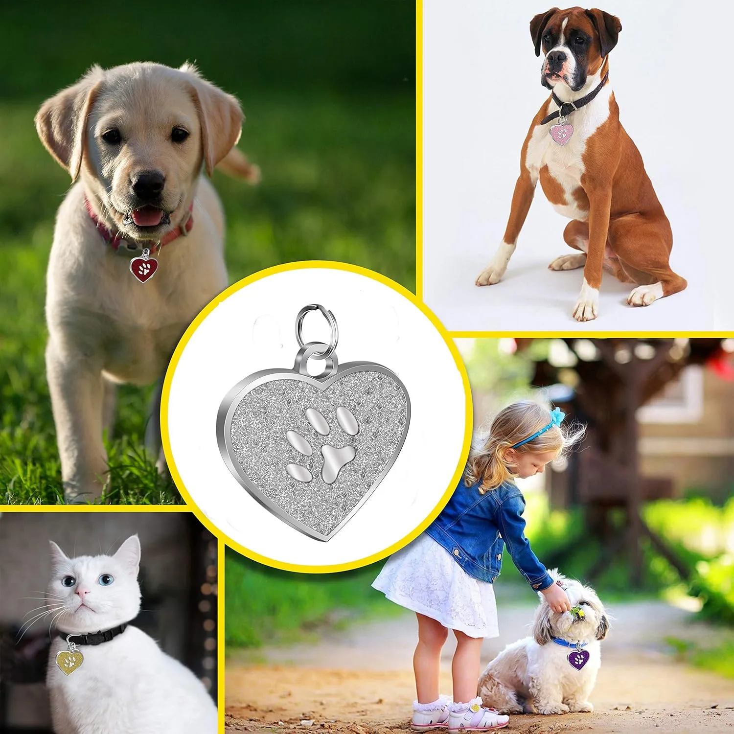 Custom Engraved Heart Shape Dog Tags & Cat Tags Laser Engraving on The Back Side,Easy to Read & Durable (Silvery)