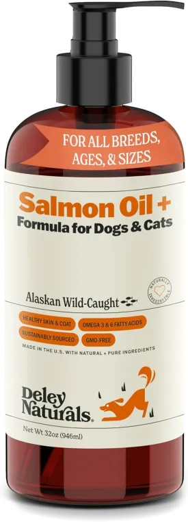 Deley Naturals Wild Alaskan Salmon Oil for Dogs - New & Improved Salmon Oil Plus Formula - Fish Oil for Dogs with DHA EPA Omega 3 & 6 Fatty Acids - Omega 3 Fish Oil for Skin & Coat - 32oz Made in USA