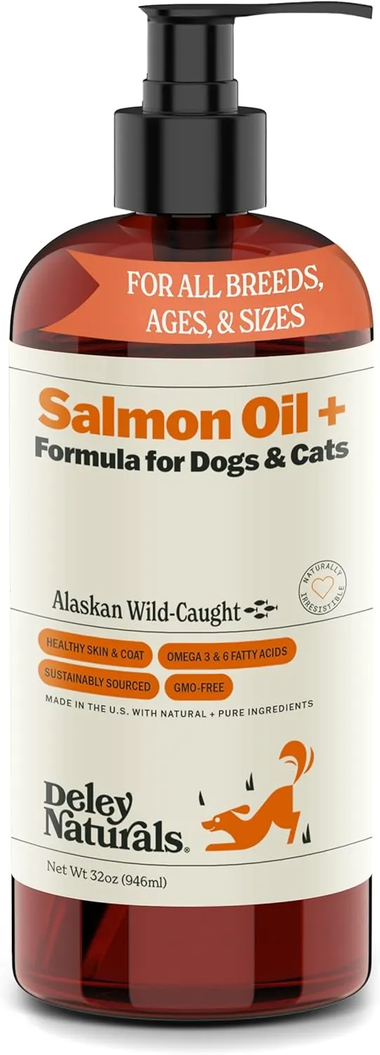 Deley Naturals Wild Alaskan Salmon Oil for Dogs - New & Improved Salmon Oil Plus Formula - Fish Oil for Dogs with DHA EPA Omega 3 & 6 Fatty Acids - Omega 3 Fish Oil for Skin & Coat - 32oz Made in USA