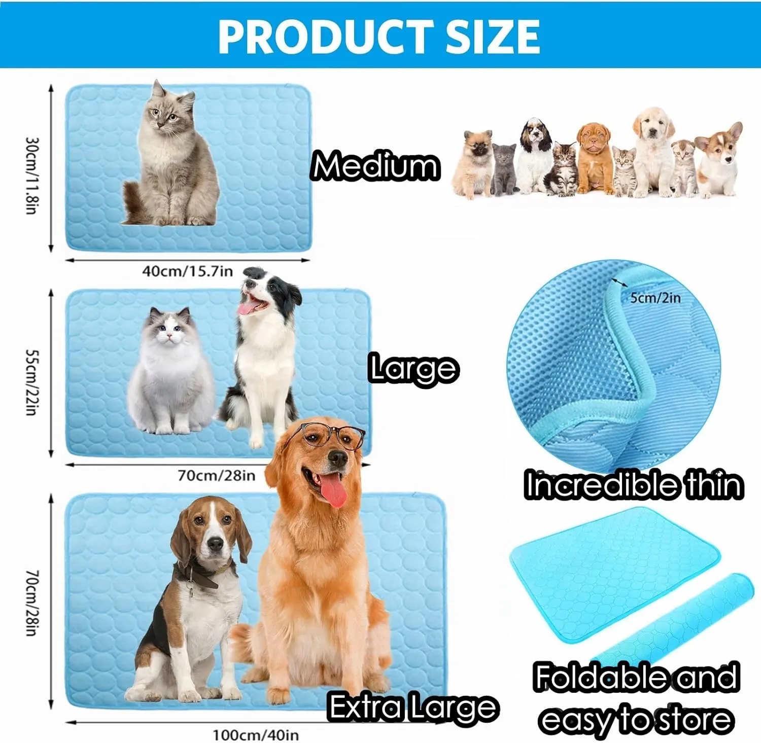 Dog Cooling Mat for Kennels, Crates, Cars, Indoor & Outdoor - Ice Silk Pet Blanket Pad for Extra Large Dogs (Blue, L(28 * 22"))