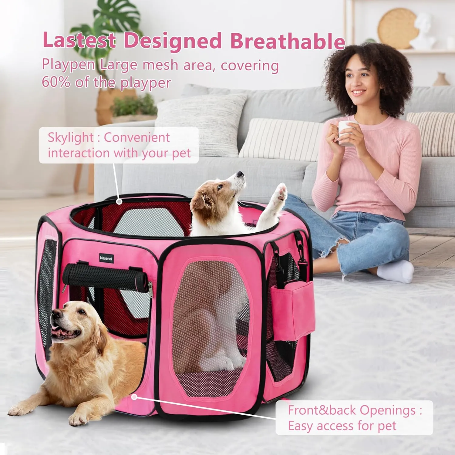 Dog Playpen, Cat Dog Crate Portable Pet Exercise Cage Kennel House Puppy Playpen Animal Playpen Indoor/Outdoor, Water-Resistant Kennel Tent with Traveling Bag (Pink, Medium)