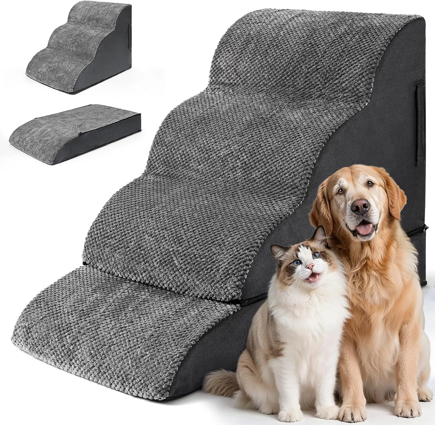 Dog Stairs for Small Dogs, Puppy, Older Cat, High Density Foam Pet Ramp for Sofa, Couch and Bed, 2-in-1 Convertible Dog Steps(3-Step & 4-Step)
