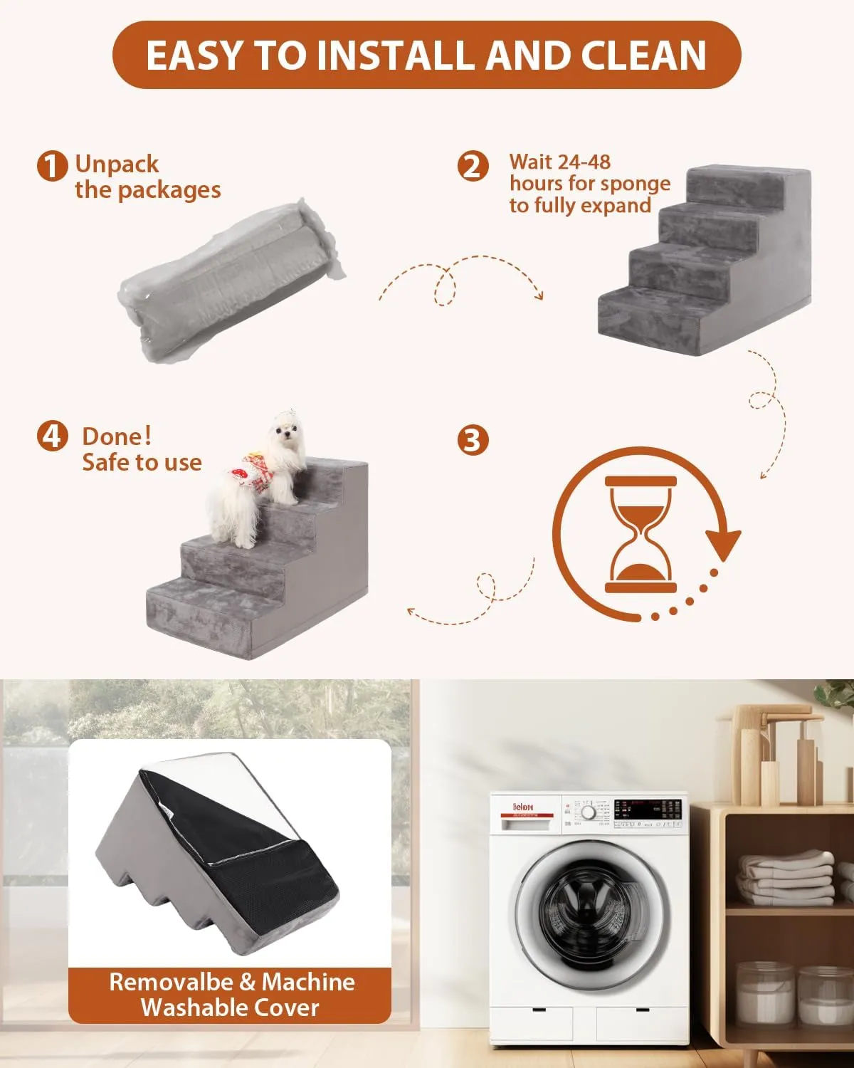 Dog Stairs for Small Dogs,17.5" 4-Step Pet Stairs for High Beds and CouchesDog Steps with Non-Slip Bottom and High-Density Foam Indoor Outdoor,Grey
