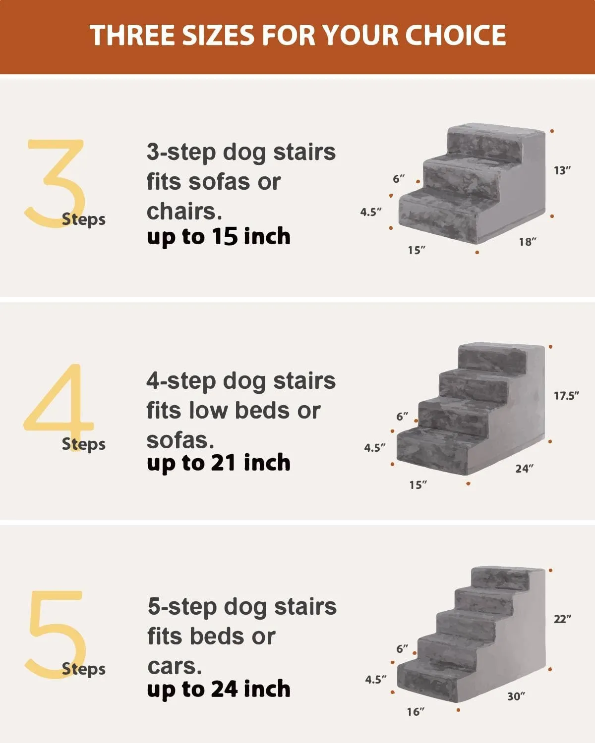 Dog Stairs for Small Dogs,17.5" 4-Step Pet Stairs for High Beds and CouchesDog Steps with Non-Slip Bottom and High-Density Foam Indoor Outdoor,Grey