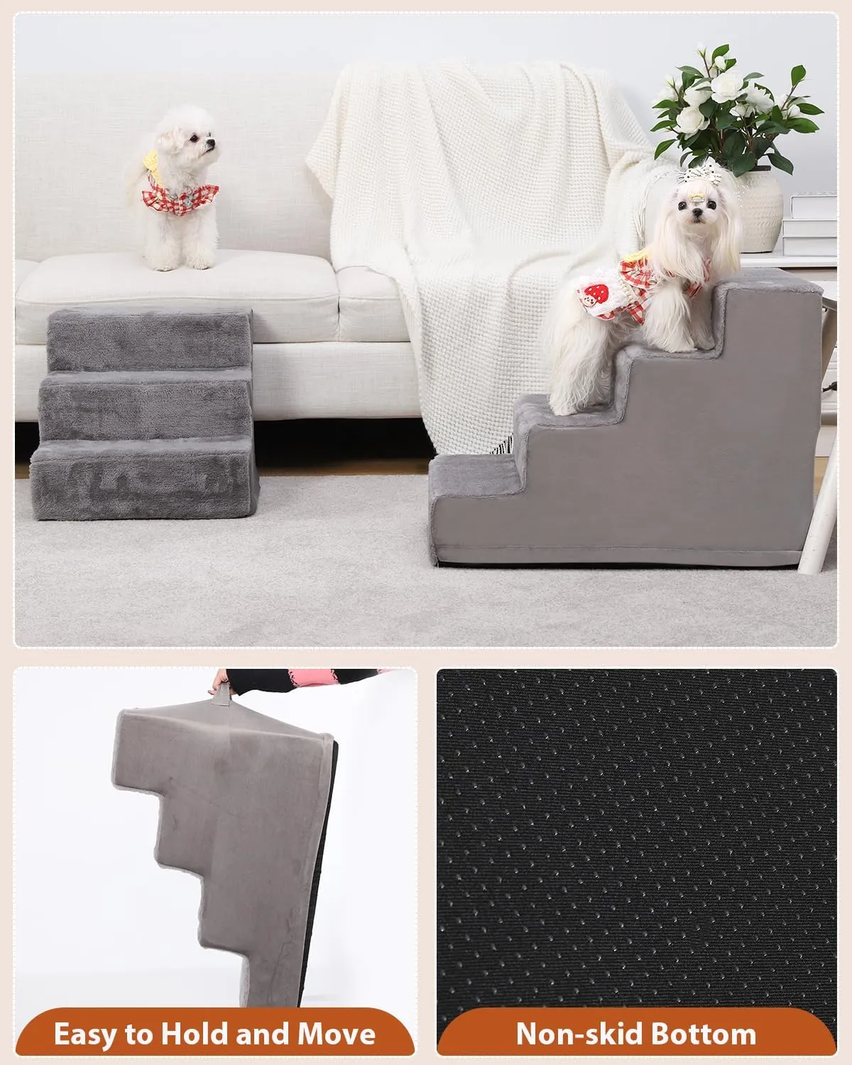 Dog Stairs for Small Dogs,17.5" 4-Step Pet Stairs for High Beds and CouchesDog Steps with Non-Slip Bottom and High-Density Foam Indoor Outdoor,Grey