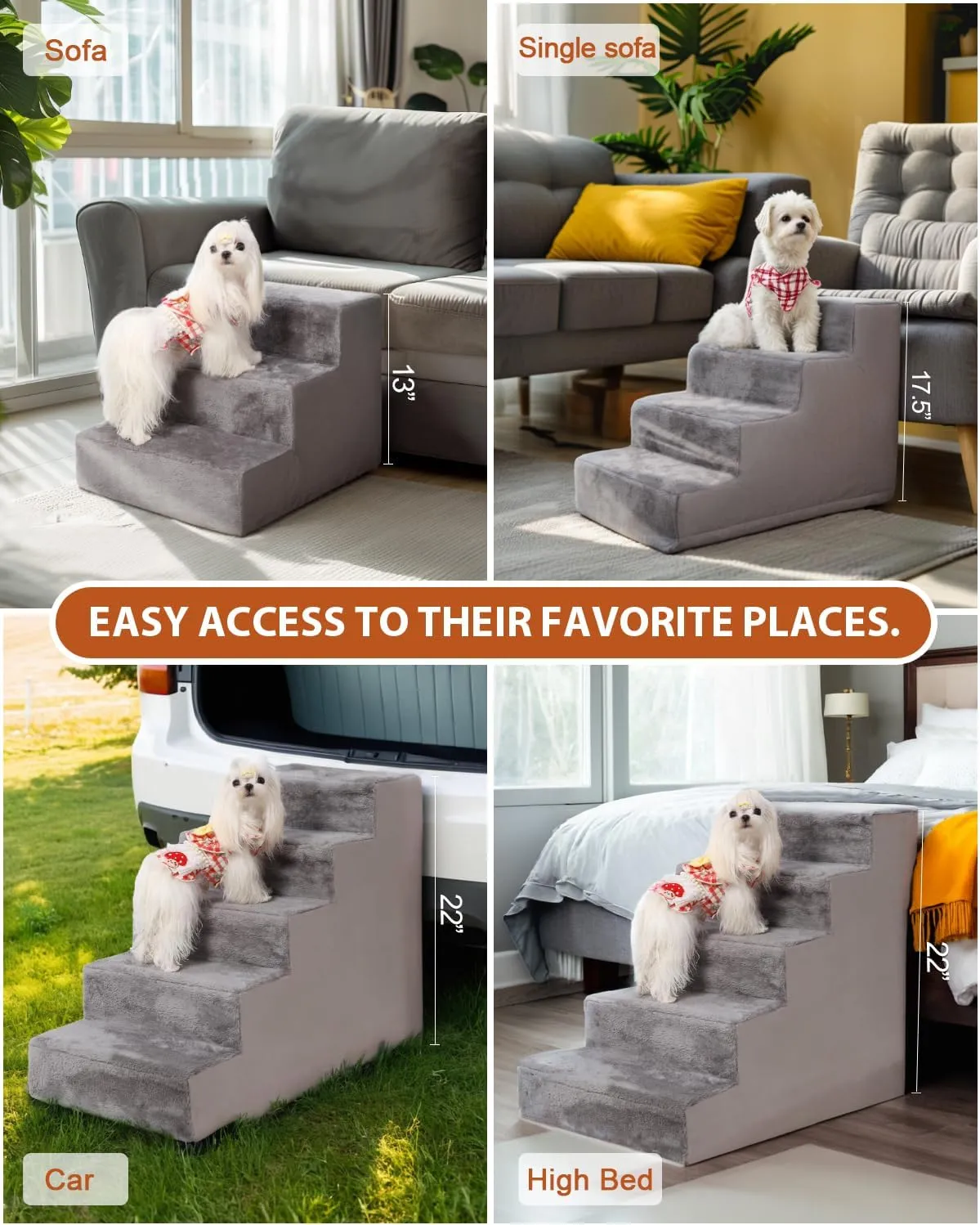 Dog Stairs for Small Dogs,17.5" 4-Step Pet Stairs for High Beds and CouchesDog Steps with Non-Slip Bottom and High-Density Foam Indoor Outdoor,Grey