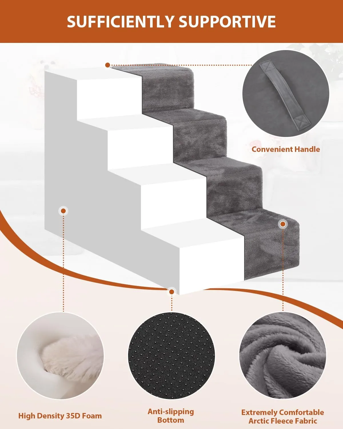 Dog Stairs for Small Dogs,17.5" 4-Step Pet Stairs for High Beds and CouchesDog Steps with Non-Slip Bottom and High-Density Foam Indoor Outdoor,Grey