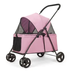 Dog Travel Stroller with 4 Heavy Duty Wheels, Foldable Pet Stroller with Adjustable Handle - Double Doggie Capacity Jogger Wagon with Back Front Door for Small Medium Dogs (Pink)