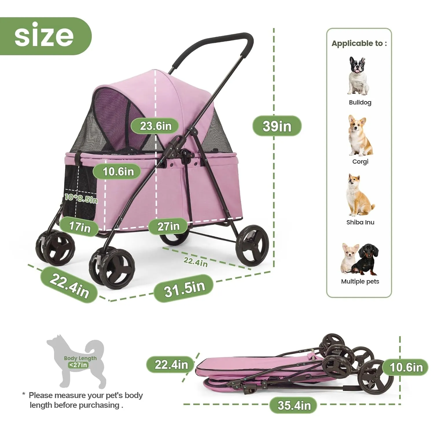 Dog Travel Stroller with 4 Heavy Duty Wheels, Foldable Pet Stroller with Adjustable Handle - Double Doggie Capacity Jogger Wagon with Back Front Door for Small Medium Dogs (Pink)