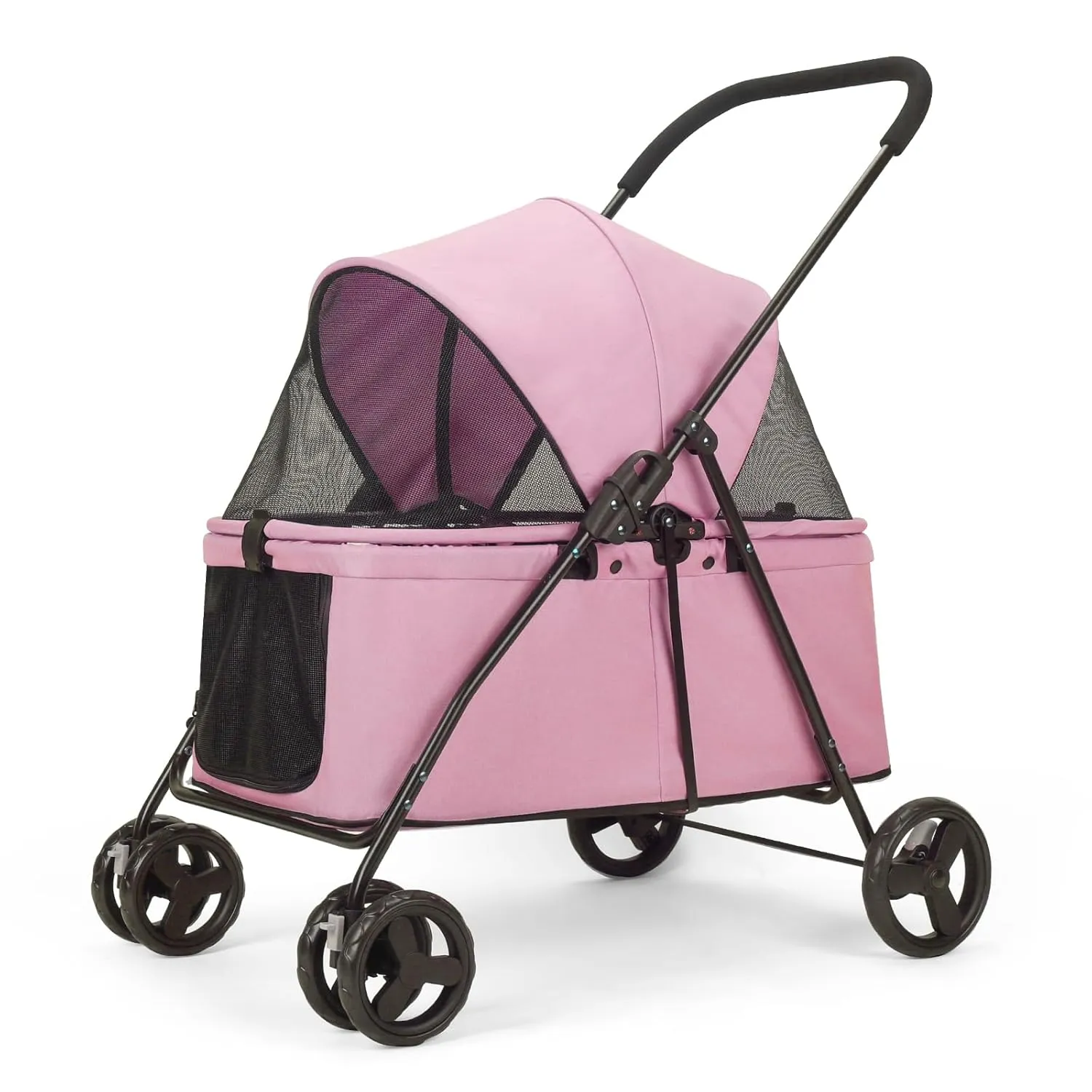 Dog Travel Stroller with 4 Heavy Duty Wheels, Foldable Pet Stroller with Adjustable Handle - Double Doggie Capacity Jogger Wagon with Back Front Door for Small Medium Dogs (Pink)