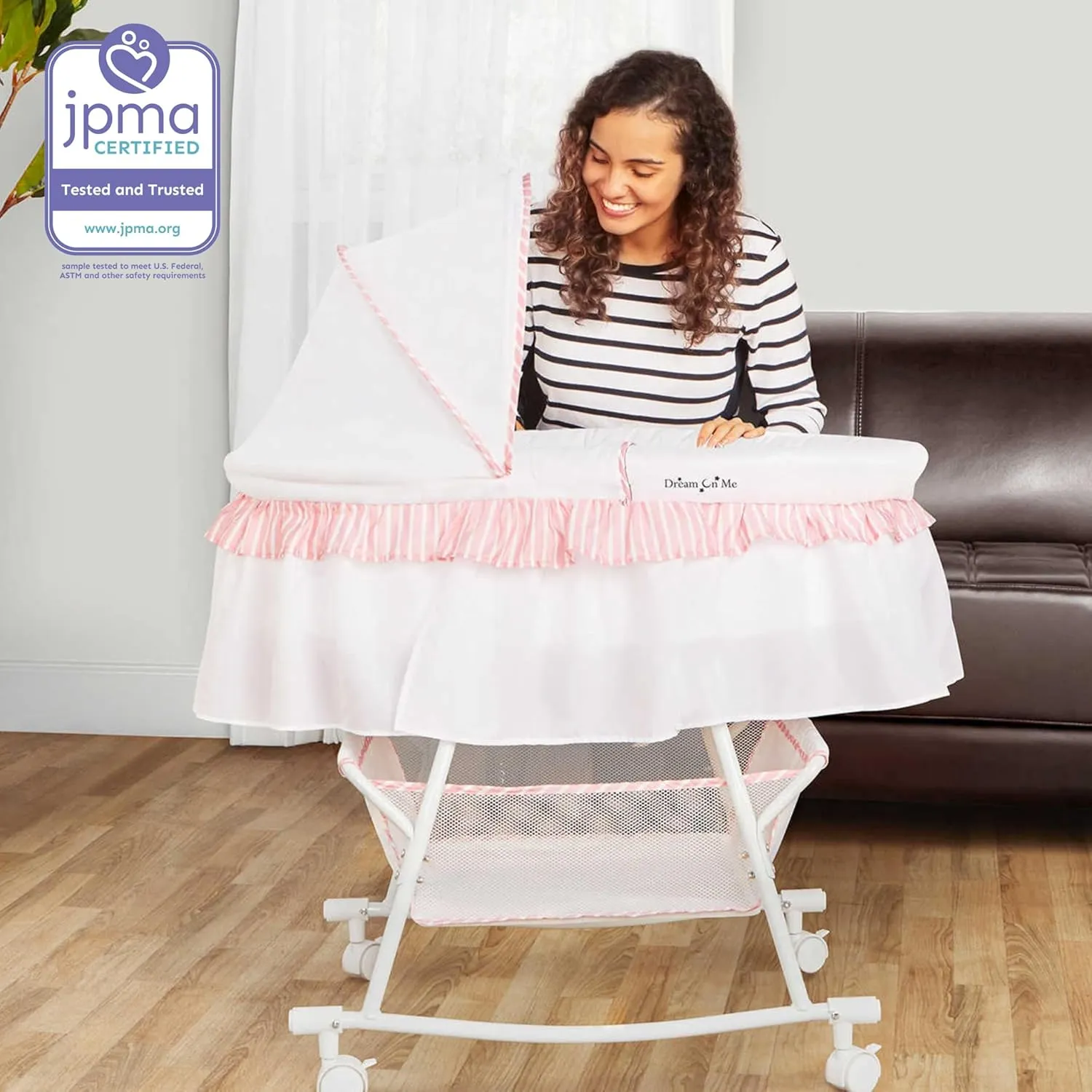 Dream On Me Lacy Portable 2-in-1 Bassinet & Cradle in Pink and White, Lightweight Baby Bassinet with Storage Basket, Adjustable and Removable Canopy