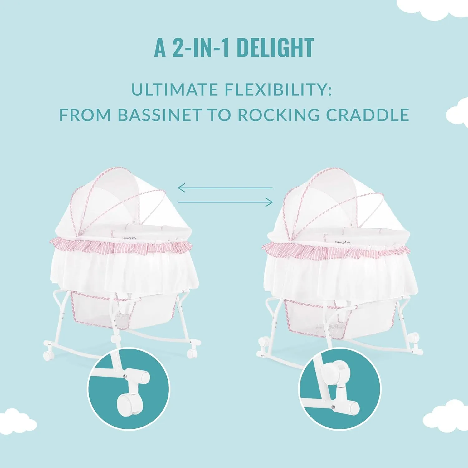 Dream On Me Lacy Portable 2-in-1 Bassinet & Cradle in Pink and White, Lightweight Baby Bassinet with Storage Basket, Adjustable and Removable Canopy
