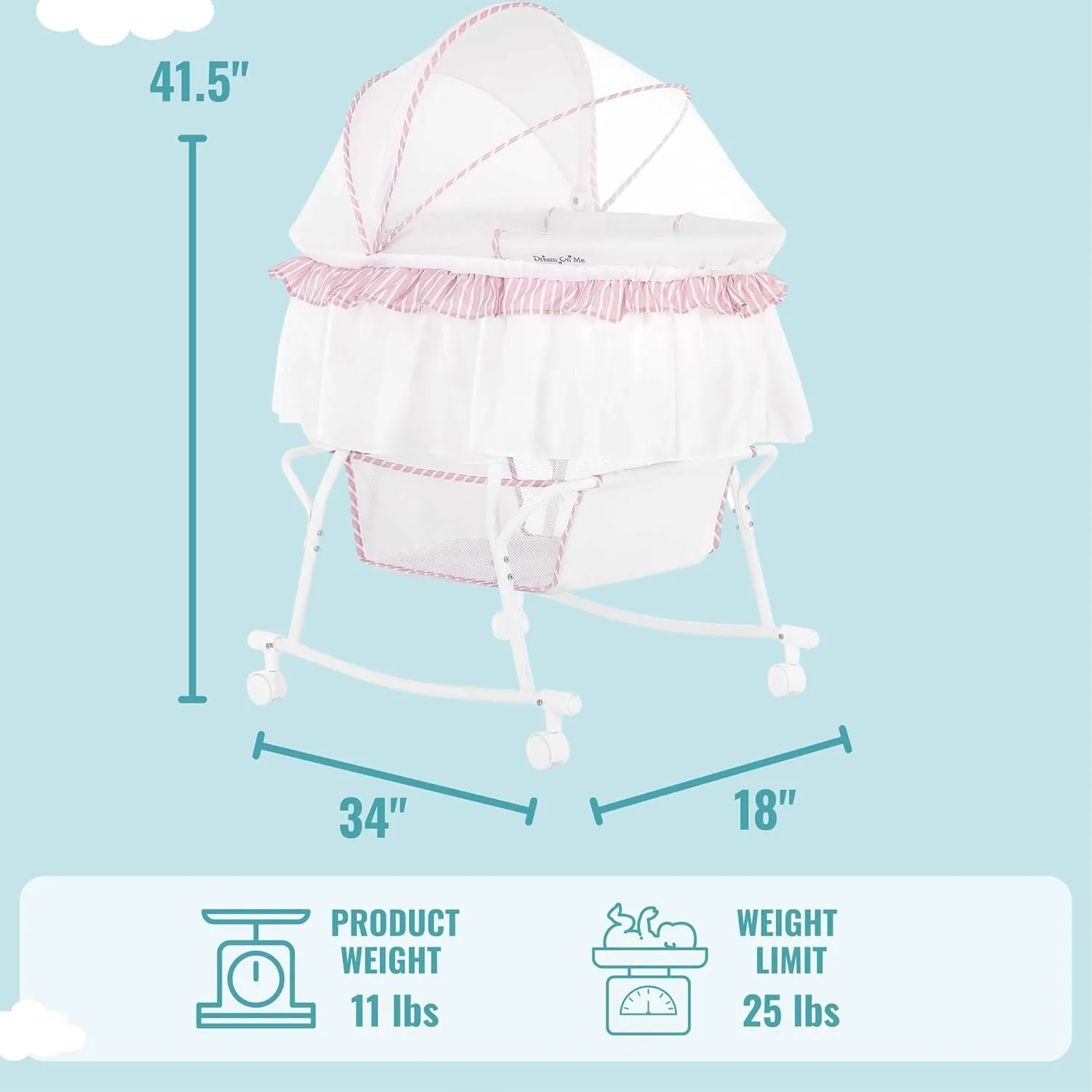 Dream On Me Lacy Portable 2-in-1 Bassinet & Cradle in Pink and White, Lightweight Baby Bassinet with Storage Basket, Adjustable and Removable Canopy