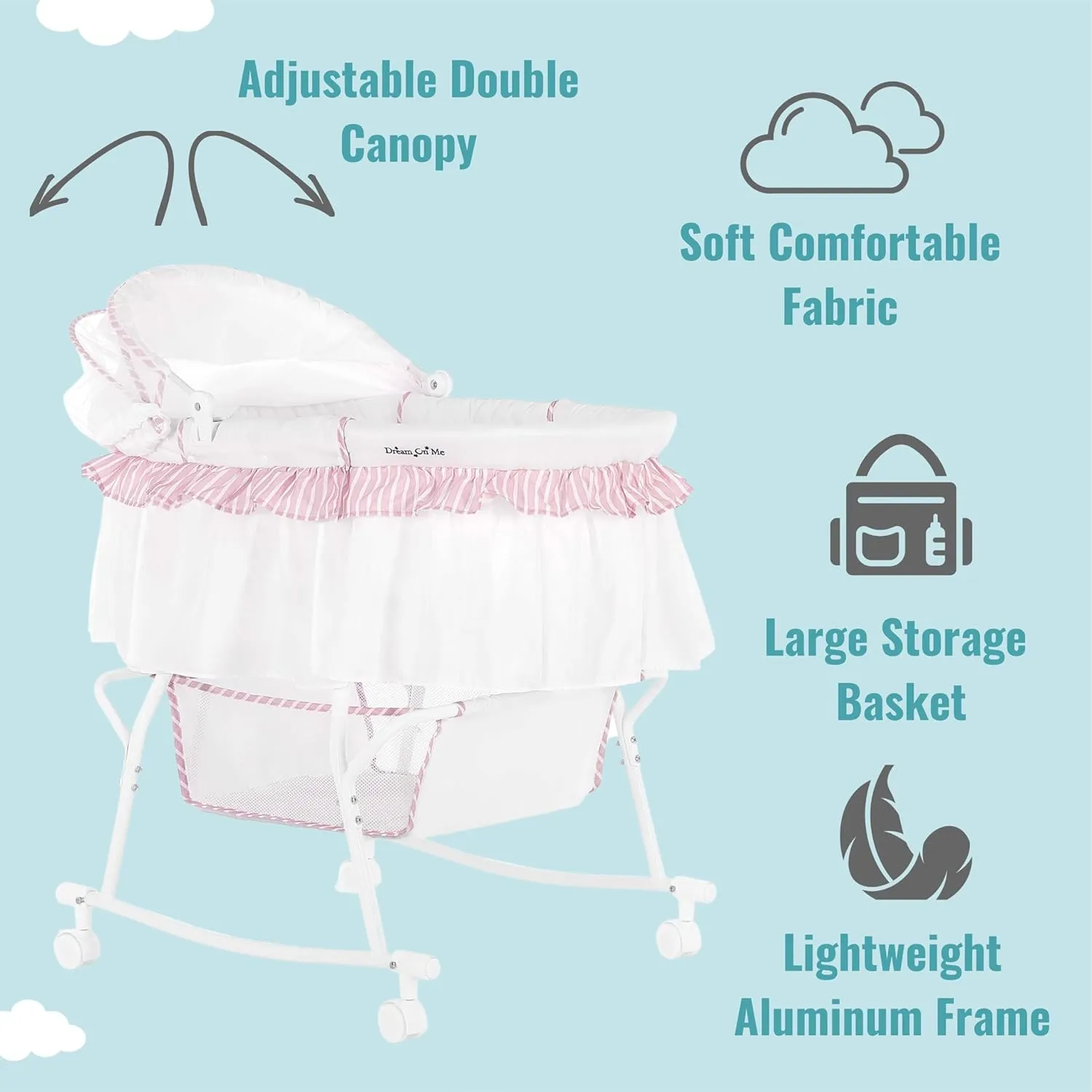 Dream On Me Lacy Portable 2-in-1 Bassinet & Cradle in Pink and White, Lightweight Baby Bassinet with Storage Basket, Adjustable and Removable Canopy