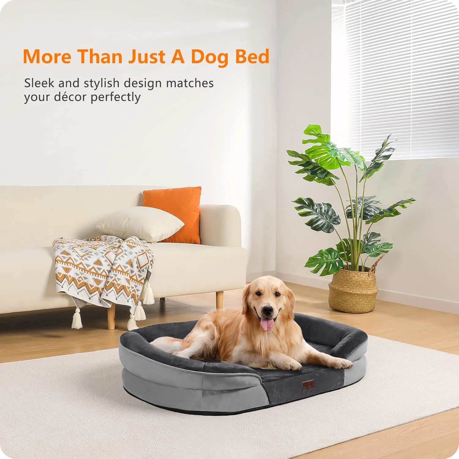 Dwanton Orthopedic Dog Bed for Large Dogs, Waterproof Dog Sofa with Egg Foam Support, Washable Pet Bed with Four Sided Bolster Cushion, with Removable Cover & Non-Slip Bottom, 42 Inches, Dark Gray