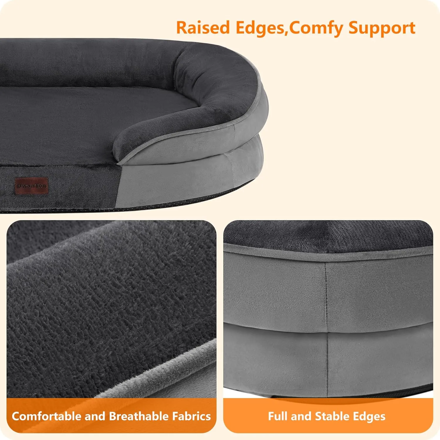 Dwanton Orthopedic Dog Bed for Large Dogs, Waterproof Dog Sofa with Egg Foam Support, Washable Pet Bed with Four Sided Bolster Cushion, with Removable Cover & Non-Slip Bottom, 42 Inches, Dark Gray