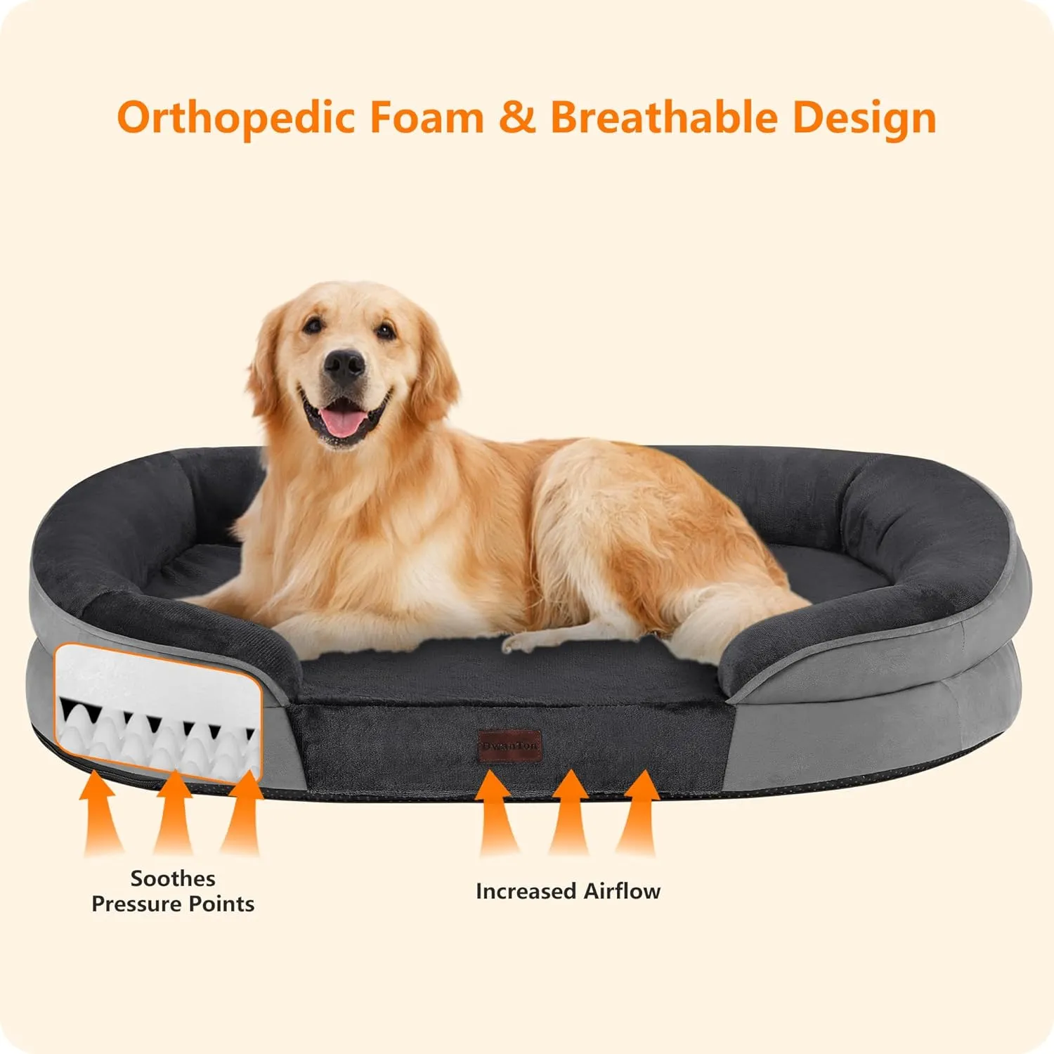 Dwanton Orthopedic Dog Bed for Large Dogs, Waterproof Dog Sofa with Egg Foam Support, Washable Pet Bed with Four Sided Bolster Cushion, with Removable Cover & Non-Slip Bottom, 42 Inches, Dark Gray