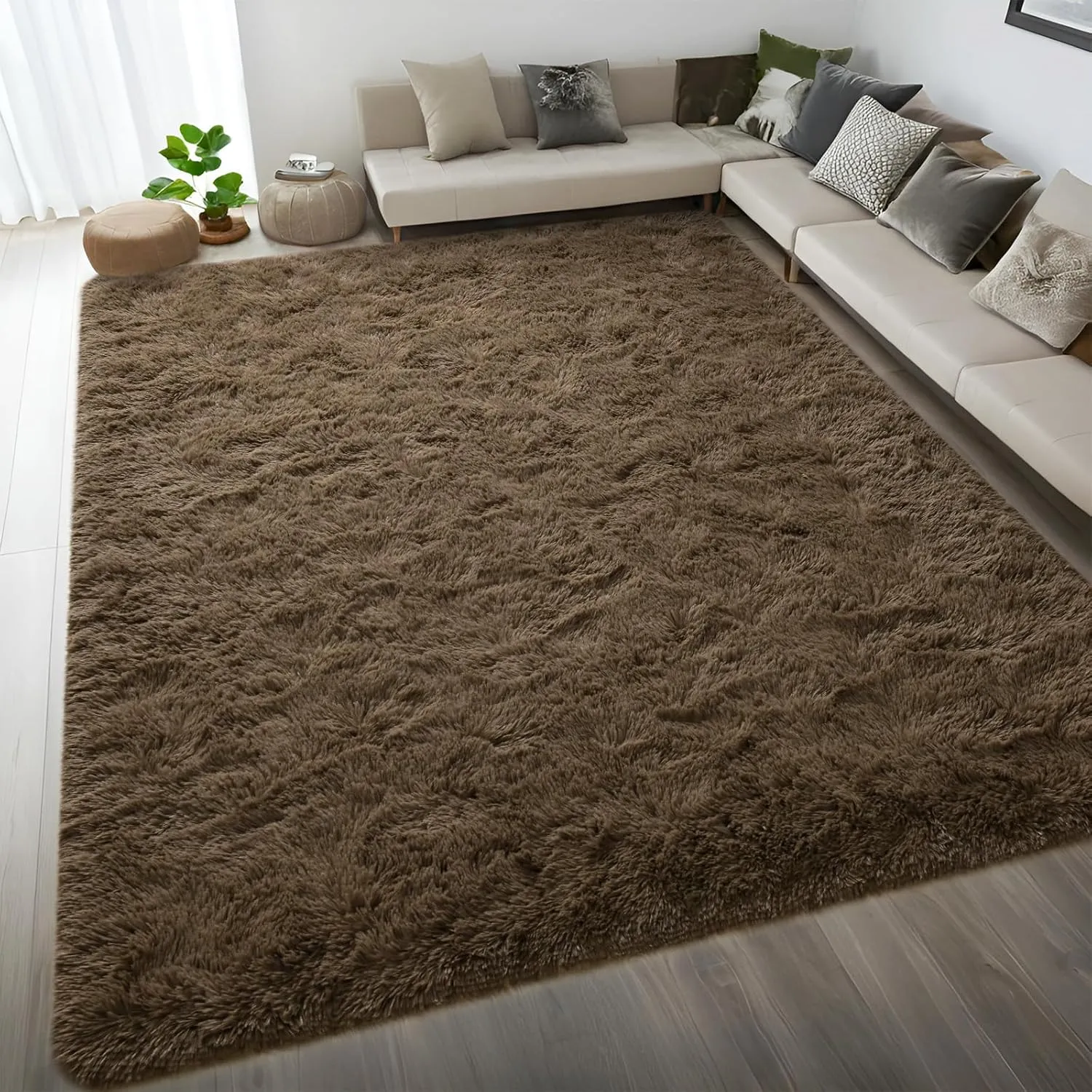 DweIke Fluffy Taupe Rugs for Bedroom Living Room, 8x10 Large Soft Plush Shaggy Light Brown Girls Boys Kids Rug, Non-Slip and Machine Washable Carpet for Dorm Nursery Classroom Decor
