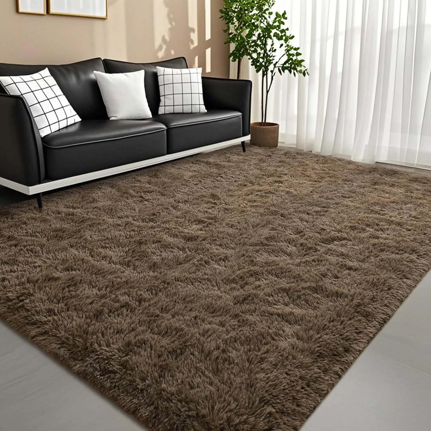 DweIke Fluffy Taupe Rugs for Bedroom Living Room, 8x10 Large Soft Plush Shaggy Light Brown Girls Boys Kids Rug, Non-Slip and Machine Washable Carpet for Dorm Nursery Classroom Decor