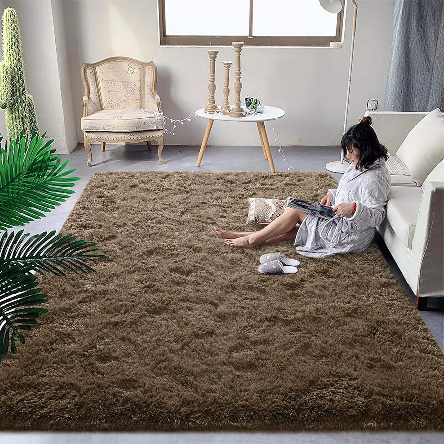 DweIke Fluffy Taupe Rugs for Bedroom Living Room, 8x10 Large Soft Plush Shaggy Light Brown Girls Boys Kids Rug, Non-Slip and Machine Washable Carpet for Dorm Nursery Classroom Decor