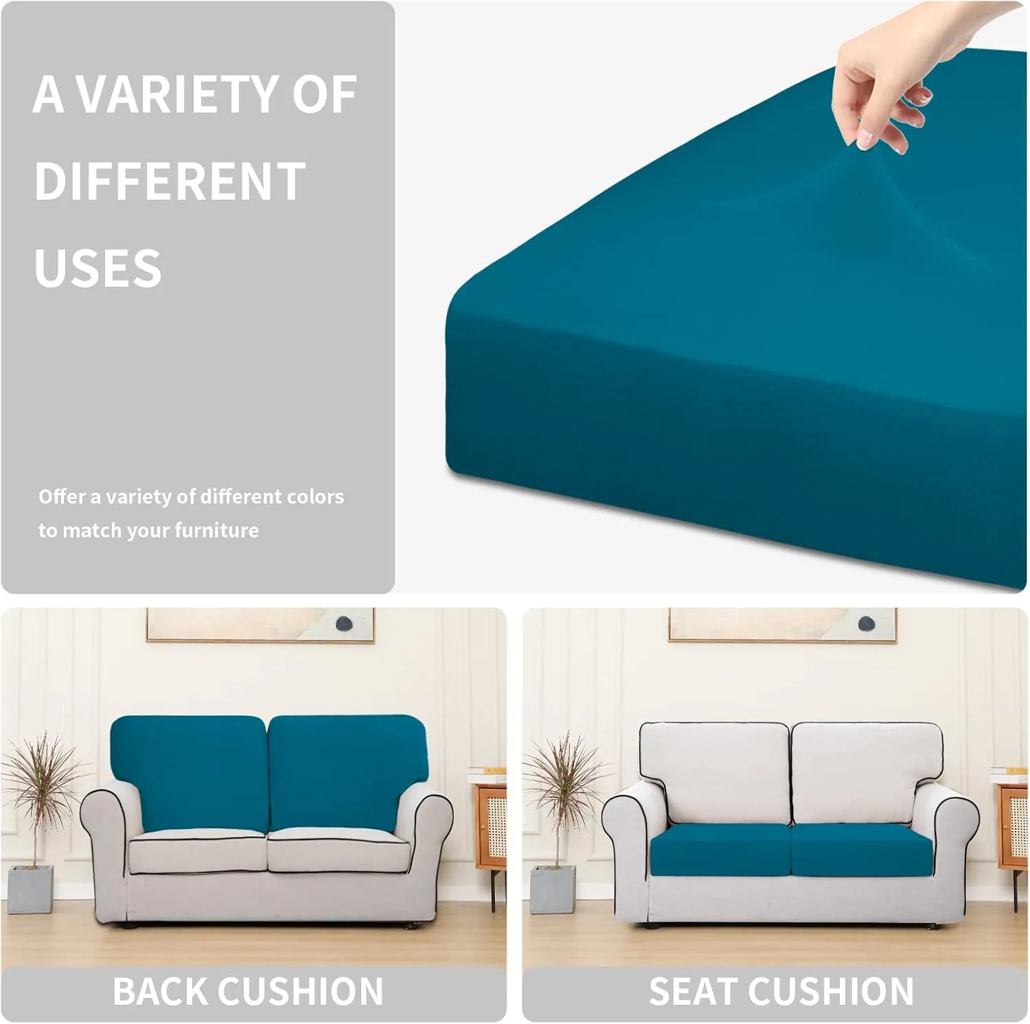Easy-Going 100% Waterproof Chair Sofa Seat Cushion Slipcovers Couch Cushion Cover Stretch Furniture Protector for Kids, Pets (2-Piece Loveseat Cushion, Peacock Blue)