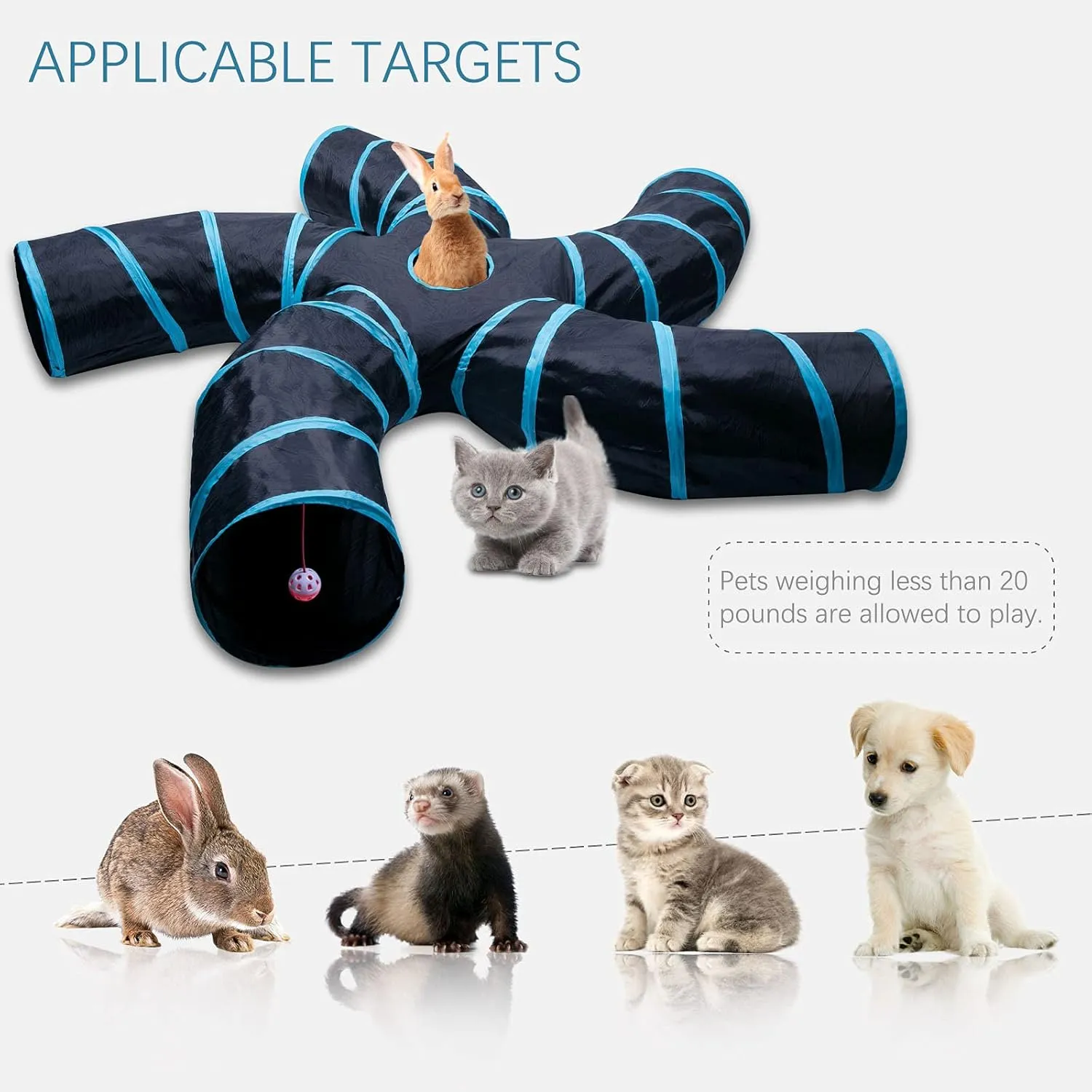 EGETOTA Cat Tunnel for Indoor Cats Large, with Play Ball S-Shape 5 Way Collapsible Interactive Peek Hole Pet Tube Toys, Puppy, Kitty, Kitten, Rabbit (Blue & Black)