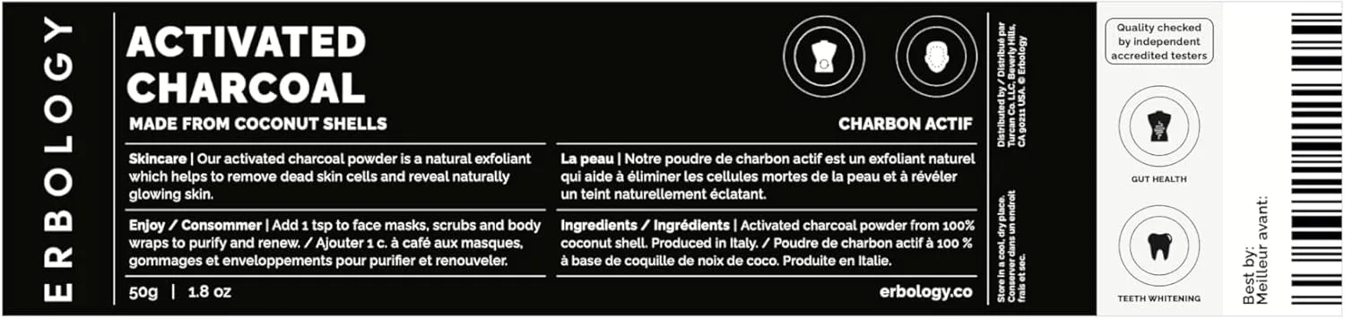 Erbology Activated Charcoal Powder 1.8 oz - Teeth Whitening - Add to Face Masks, Toothpaste and Body Wraps for Natural Exfoliation - Natural Digestive Aid - Vegan - Recyclable Glass Jar
